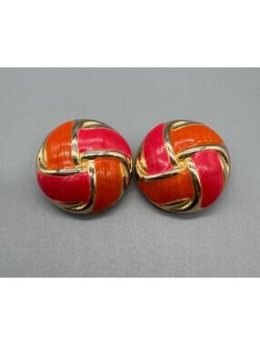 Vintage Gay Boyer Intervene Red Orange Enameled Gold Tone Clip On Round Earrings